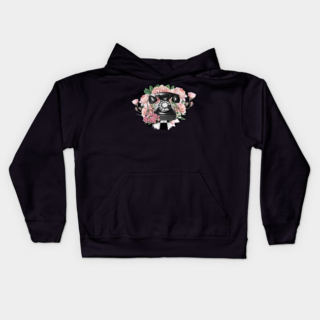 Black Vintage Rotary Phone Kids Hoodie by CatAstropheBoxes